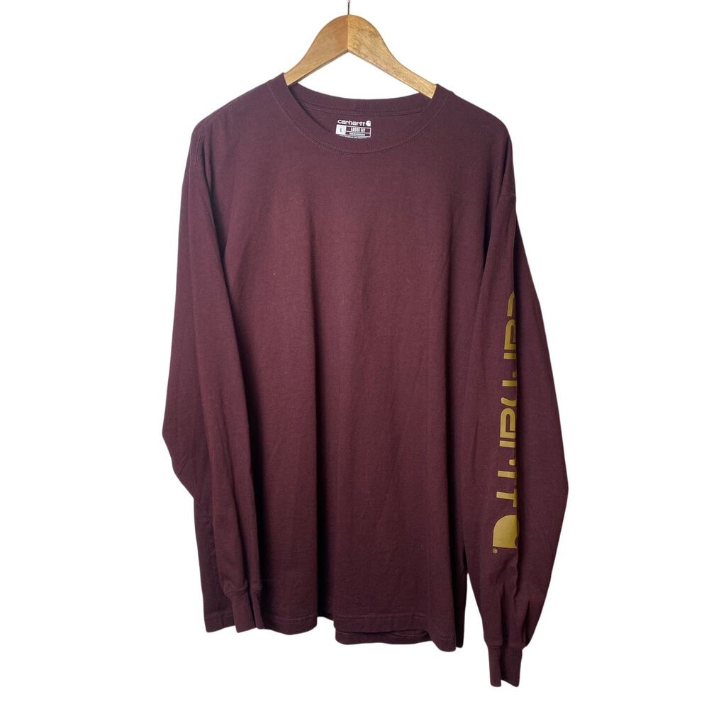 Carhartt Men's Burgundy Loose Fit Long Sleeve Gold Logo T-shirt Size Large
